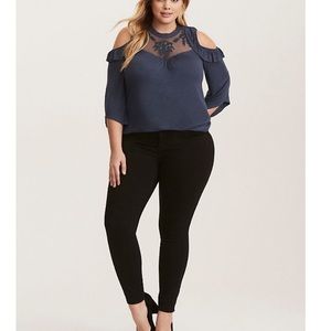 Lace inset ruffled cold shoulder top